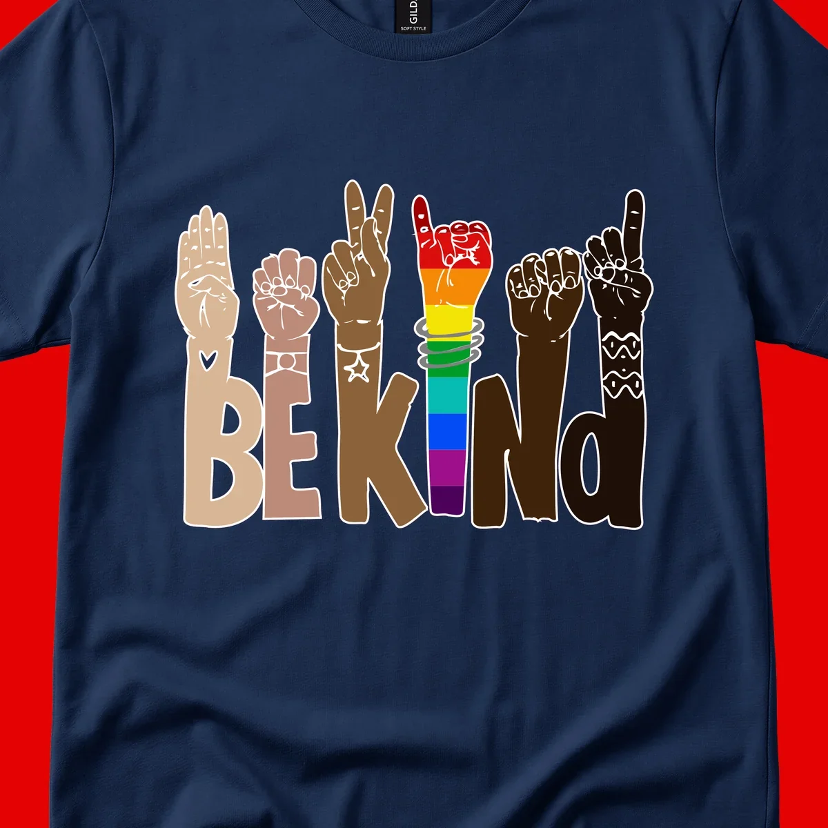 Six illustrated hands in diverse skin tones displaying peace signs and fists, with center fist in rainbow pride colors and 'BE KIND' text below