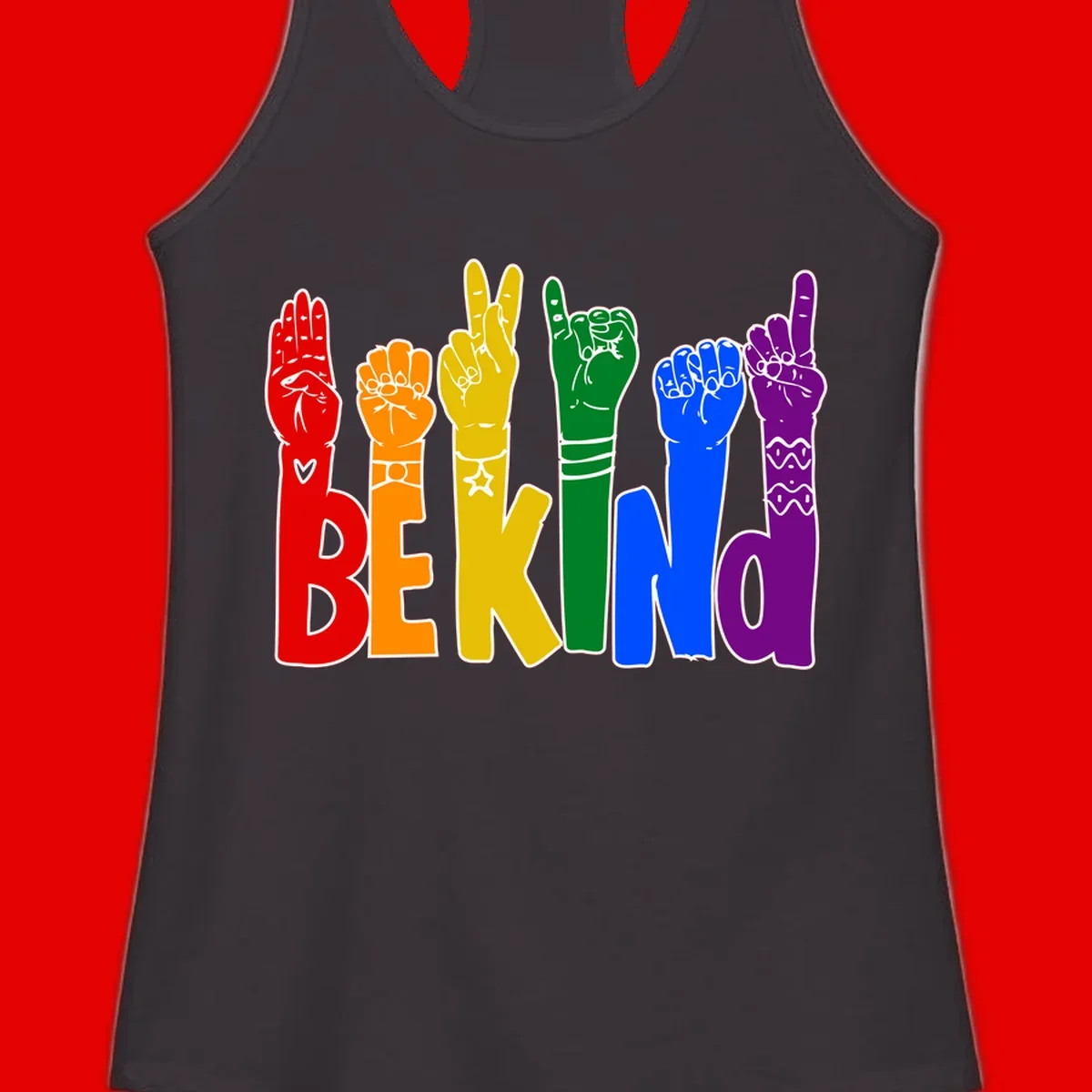 Six colorful raised fists in rainbow colors with 'BE KIND' text, promoting pride, equality, and inclusive messaging