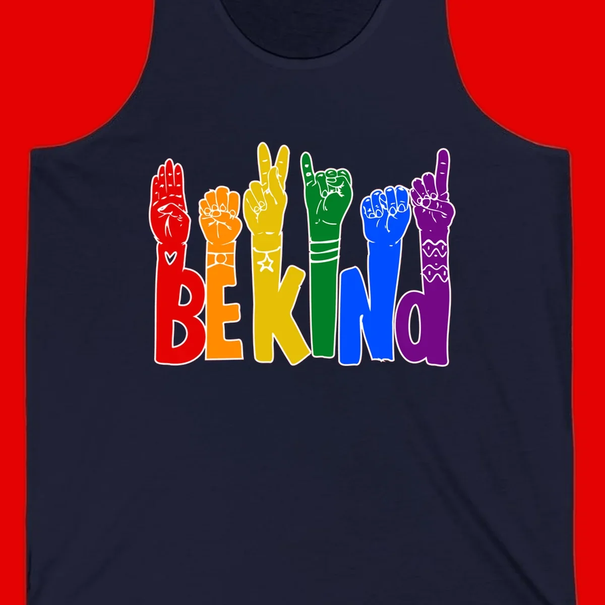 Six colorful raised fists in rainbow colors with 'BE KIND' text, promoting pride, equality, and inclusive messaging
