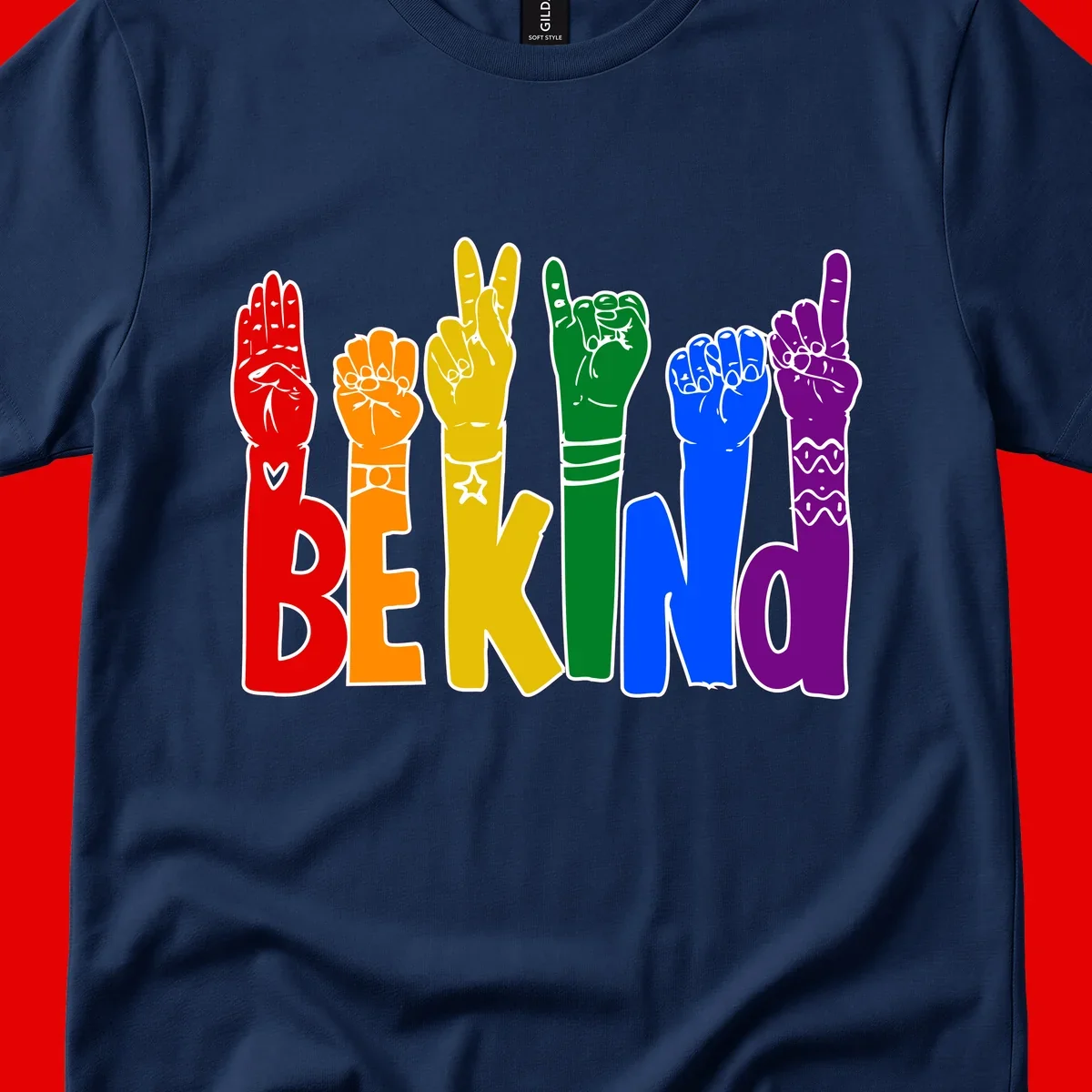 Six colorful raised fists in rainbow colors with 'BE KIND' text, promoting pride, equality, and inclusive messaging