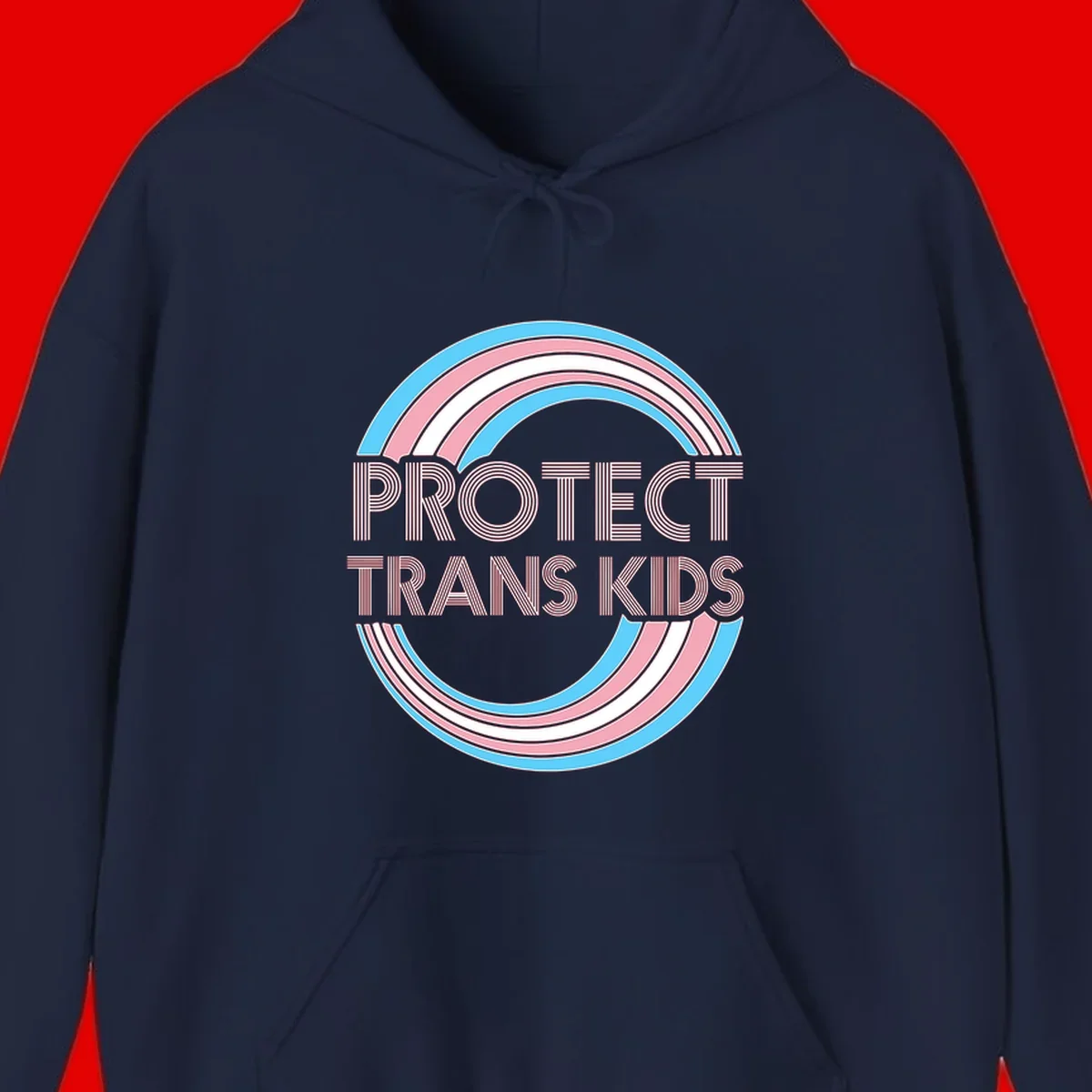 Protect trans kids pride design with blue, pink, and white rainbow circles and striped lettering