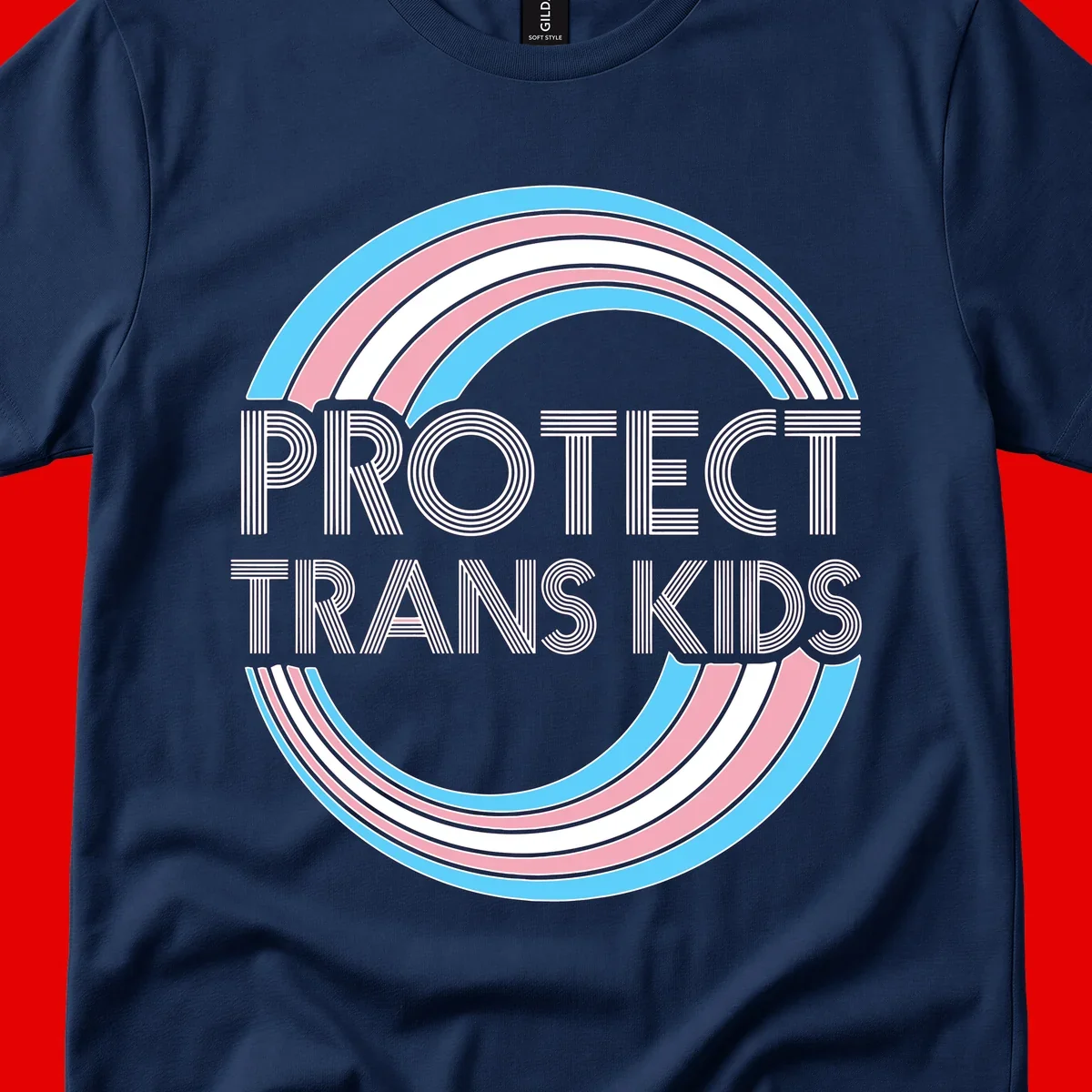 Protect trans kids pride design with blue, pink, and white rainbow circles and striped lettering