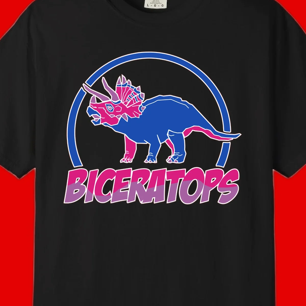 Blue and hot pink geometric triceratops dinosaur mascot inside circular badge with 'Biceritors' text below