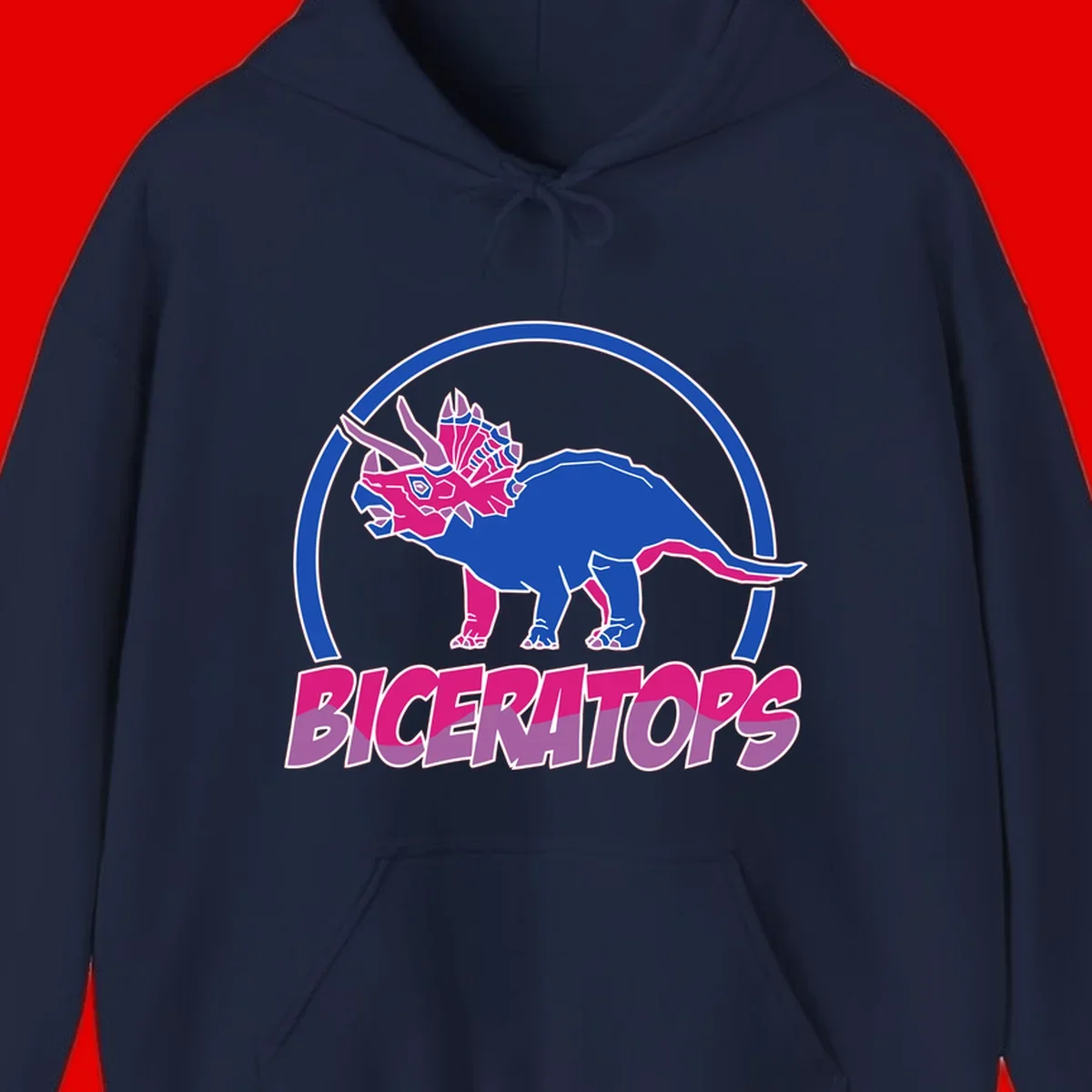 Blue and hot pink geometric triceratops dinosaur mascot inside circular badge with 'Biceritors' text below