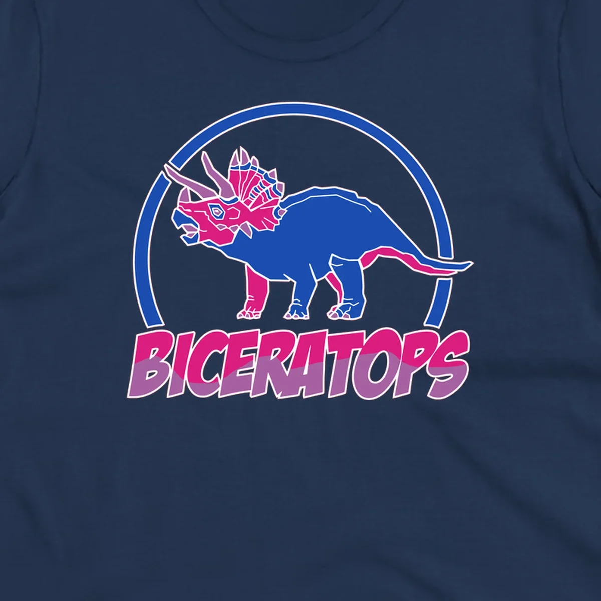Blue and hot pink geometric triceratops dinosaur mascot inside circular badge with 'Biceritors' text below