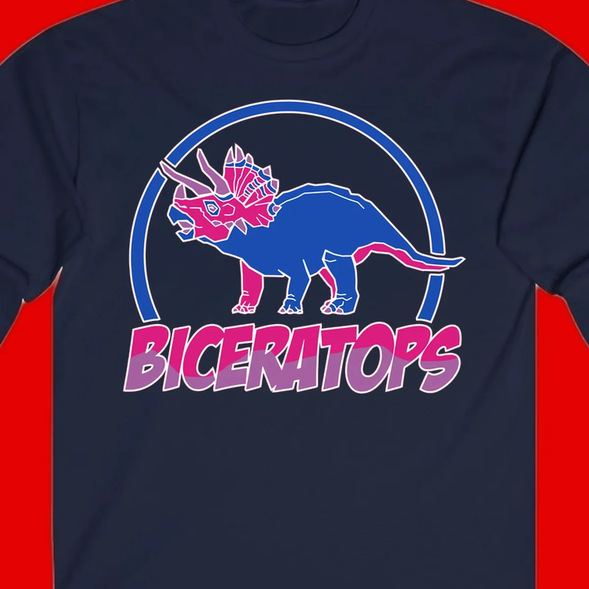 Blue and hot pink geometric triceratops dinosaur mascot inside circular badge with 'Biceritors' text below