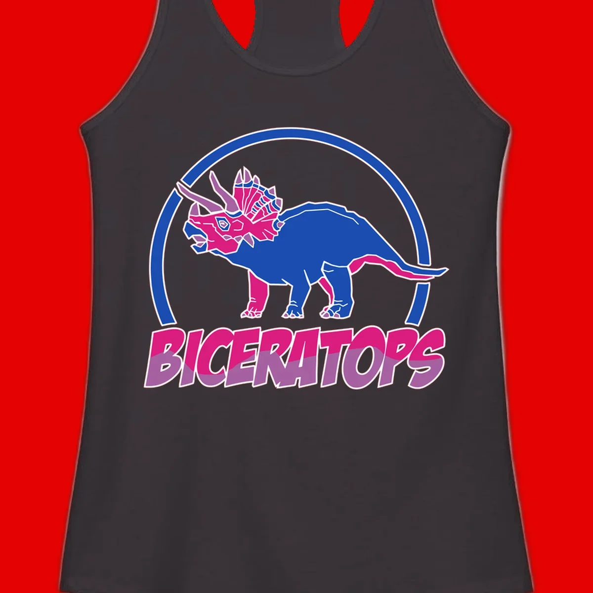 Blue and hot pink geometric triceratops dinosaur mascot inside circular badge with 'Biceritors' text below