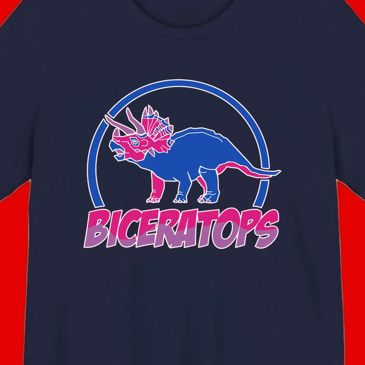 Blue and hot pink geometric triceratops dinosaur mascot inside circular badge with 'Biceritors' text below