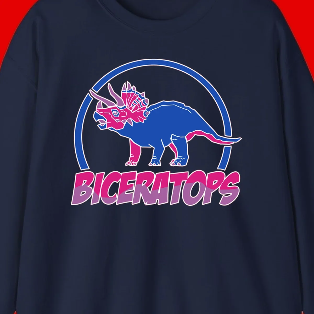Blue and hot pink geometric triceratops dinosaur mascot inside circular badge with 'Biceritors' text below