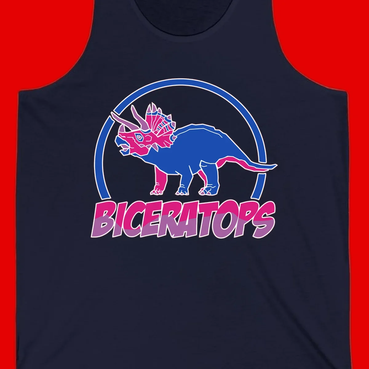 Blue and hot pink geometric triceratops dinosaur mascot inside circular badge with 'Biceritors' text below