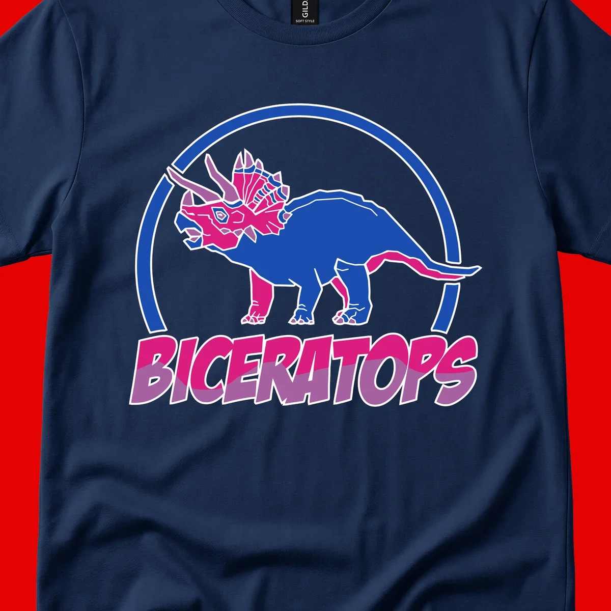 Blue and hot pink geometric triceratops dinosaur mascot inside circular badge with 'Biceritors' text below