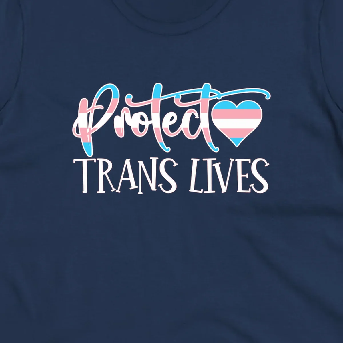 Stylized text 'I heart TRANS LIVES' with decorative letters and a trans flag-striped heart symbol in pink, white, and blue colors