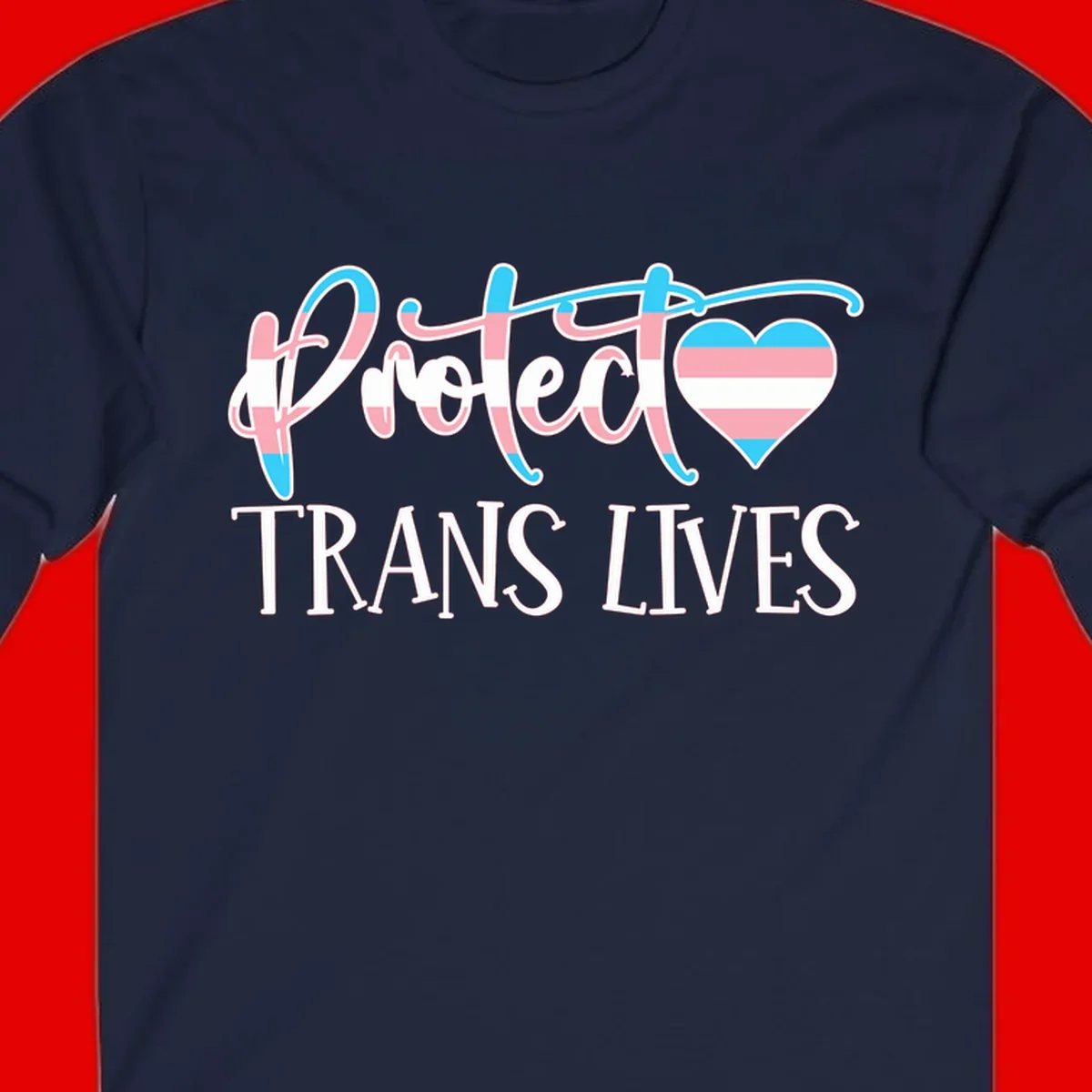 Stylized text 'I heart TRANS LIVES' with decorative letters and a trans flag-striped heart symbol in pink, white, and blue colors
