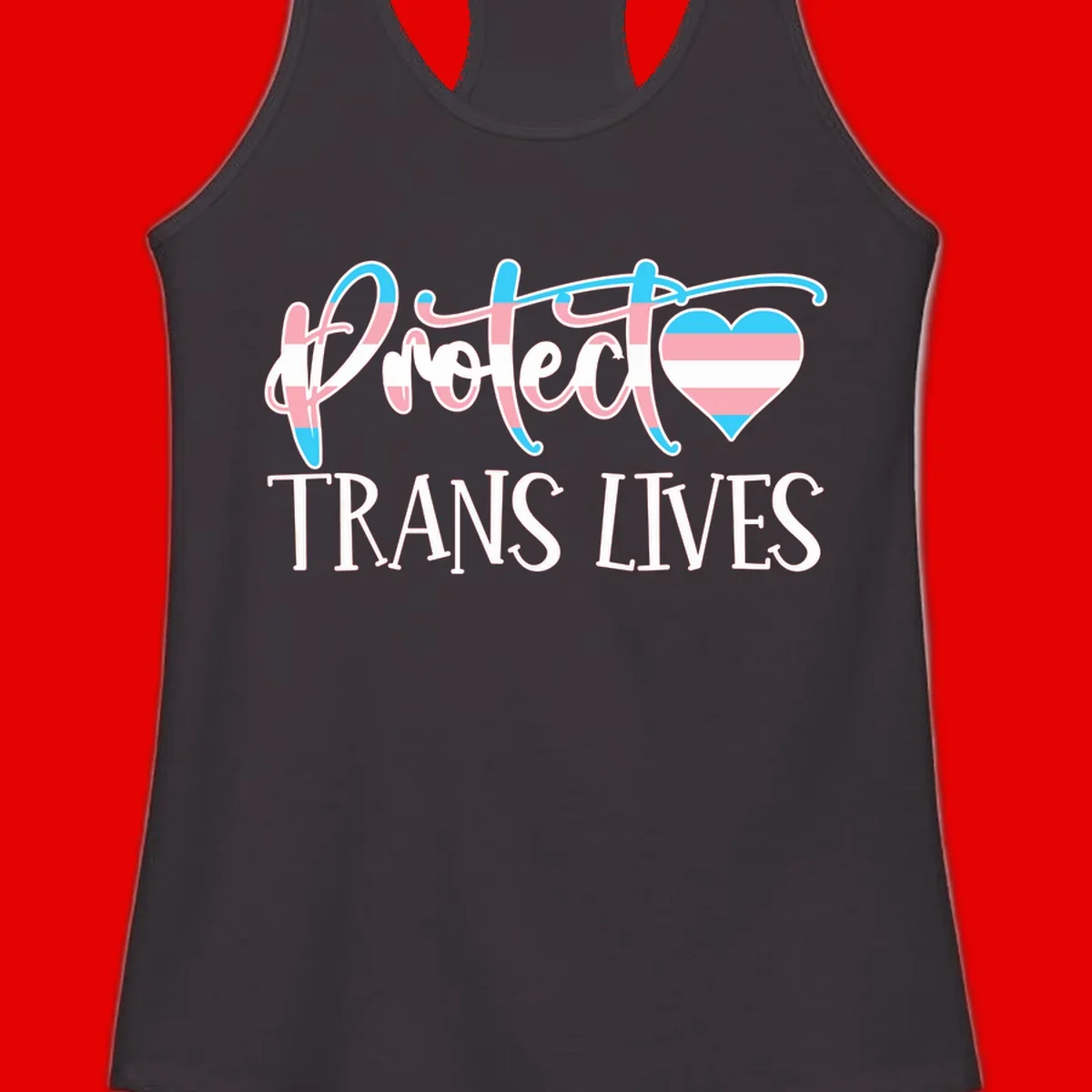 Stylized text 'I heart TRANS LIVES' with decorative letters and a trans flag-striped heart symbol in pink, white, and blue colors