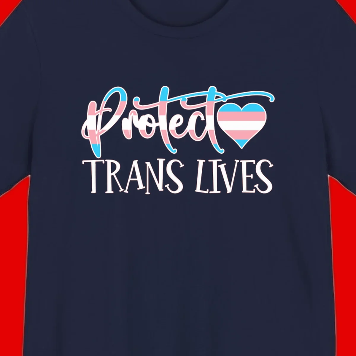 Stylized text 'I heart TRANS LIVES' with decorative letters and a trans flag-striped heart symbol in pink, white, and blue colors