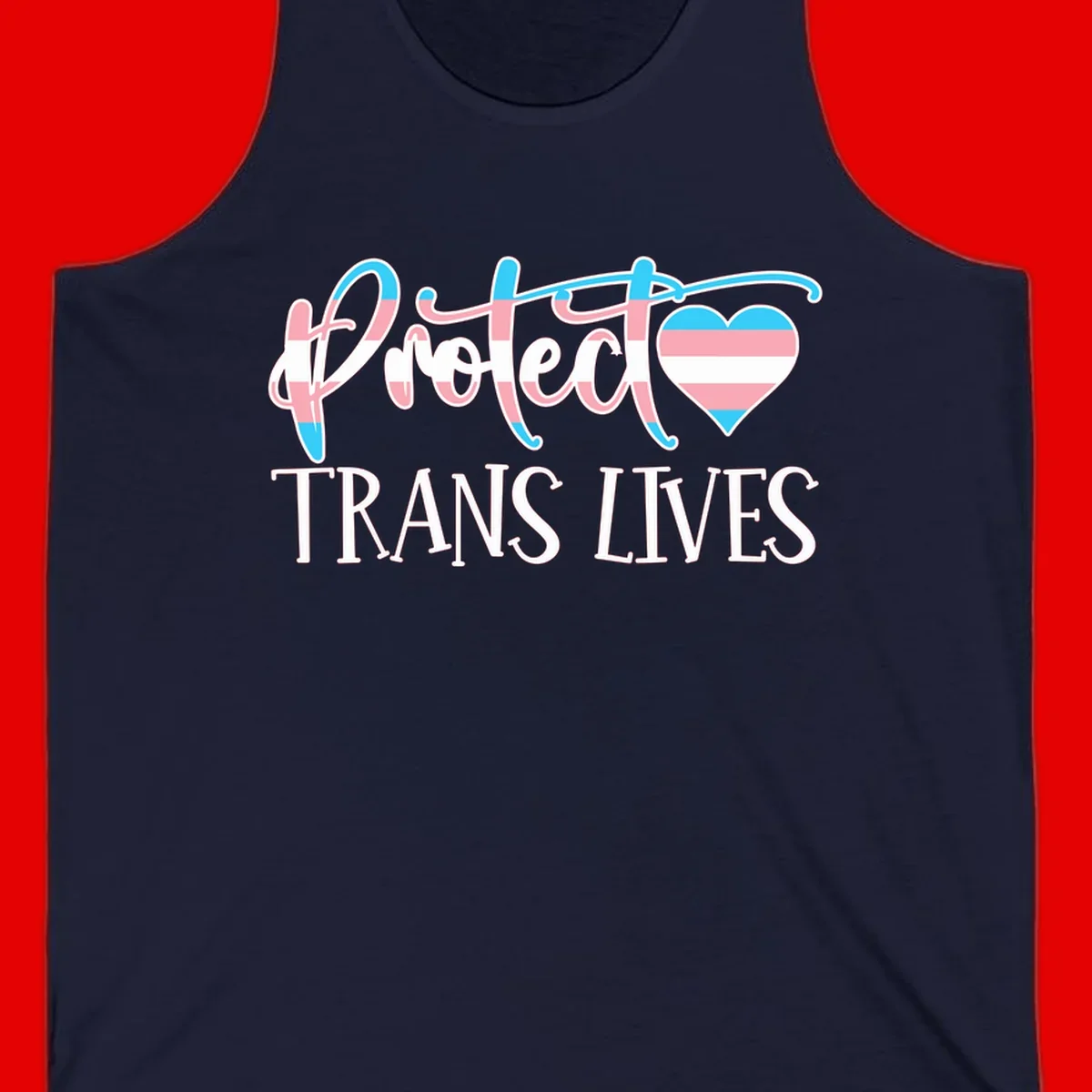 Stylized text 'I heart TRANS LIVES' with decorative letters and a trans flag-striped heart symbol in pink, white, and blue colors