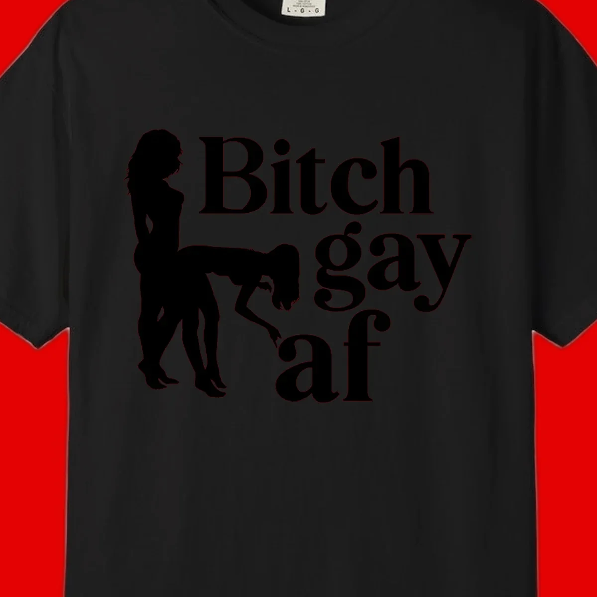 Black silhouettes of two women in intimate pose with 'Bitch gay af' text, bitch-gay-af-pride design