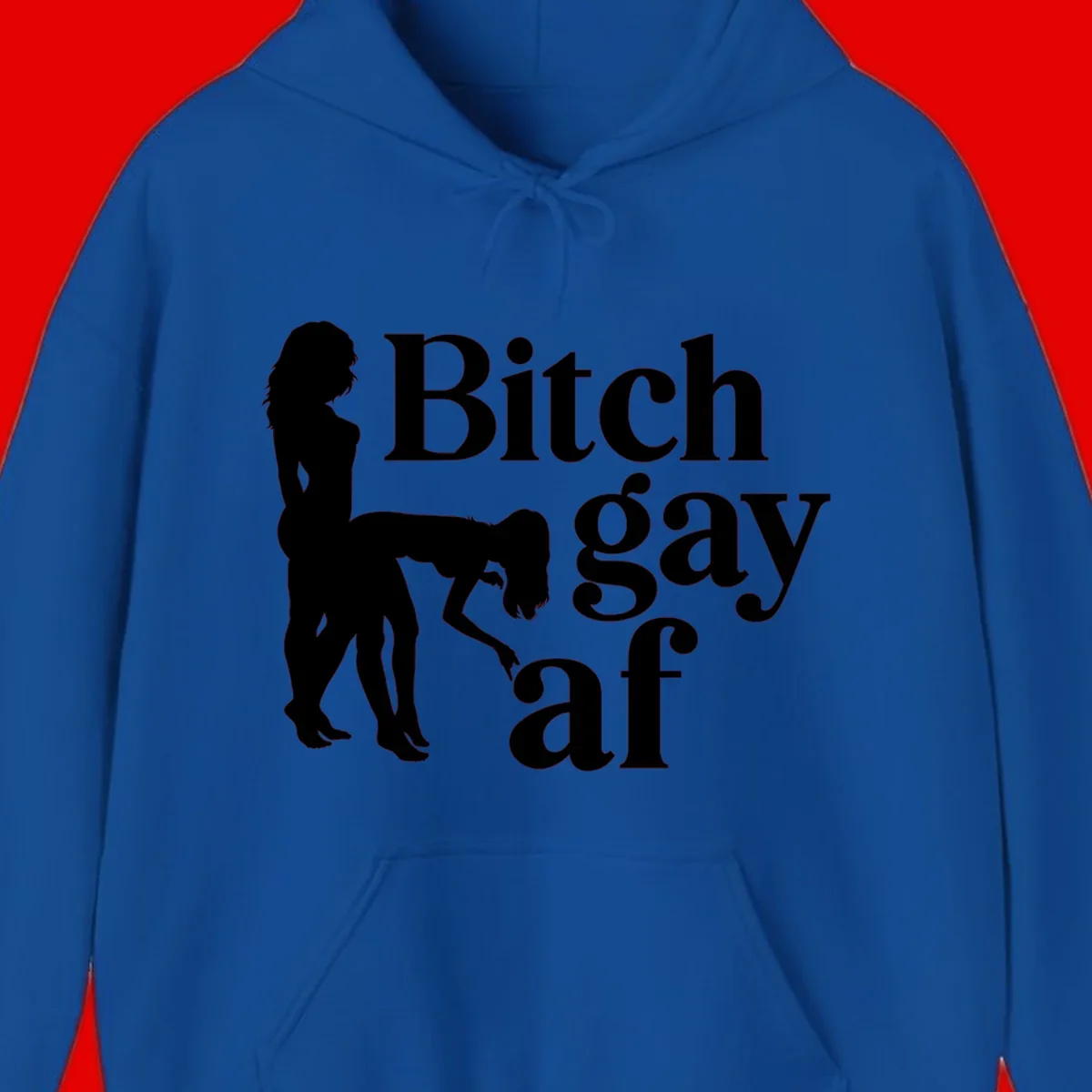 Black silhouettes of two women in intimate pose with 'Bitch gay af' text, bitch-gay-af-pride design