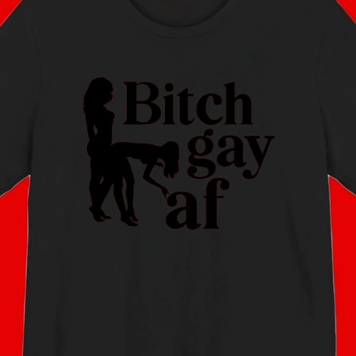 Black silhouettes of two women in intimate pose with 'Bitch gay af' text, bitch-gay-af-pride design