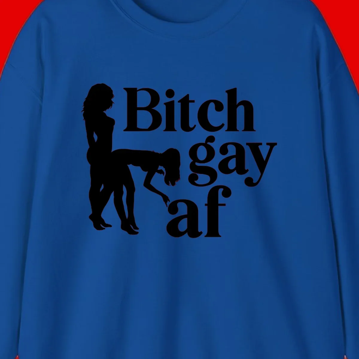 Black silhouettes of two women in intimate pose with 'Bitch gay af' text, bitch-gay-af-pride design