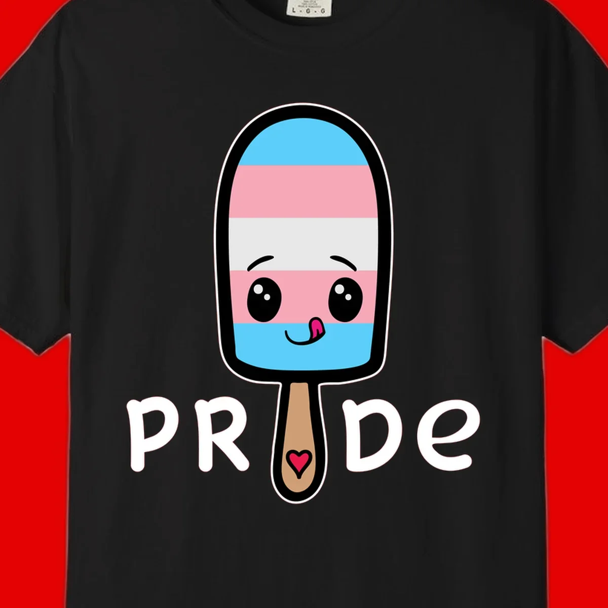 Cute rainbow popsicle with striped design and smiling face, labeled PRIDE with heart on stick