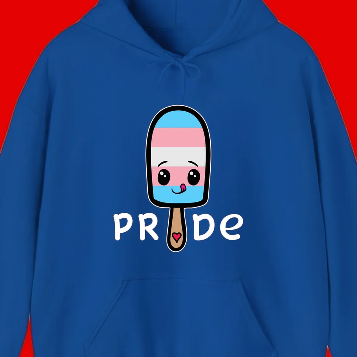 Cute rainbow popsicle with striped design and smiling face, labeled PRIDE with heart on stick