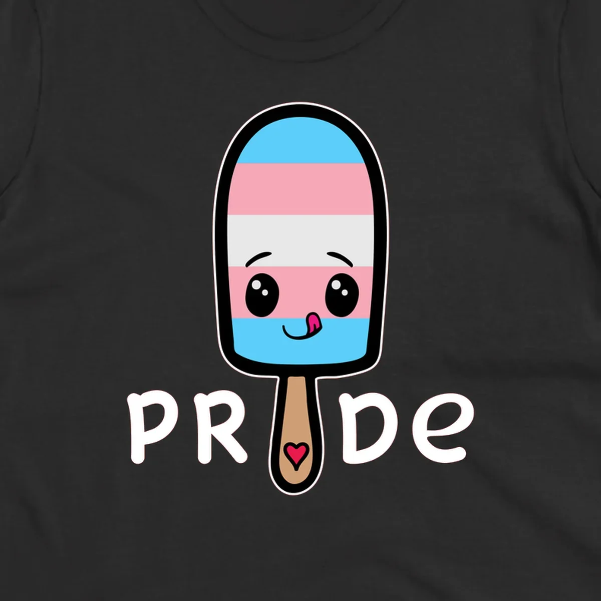 Cute rainbow popsicle with striped design and smiling face, labeled PRIDE with heart on stick