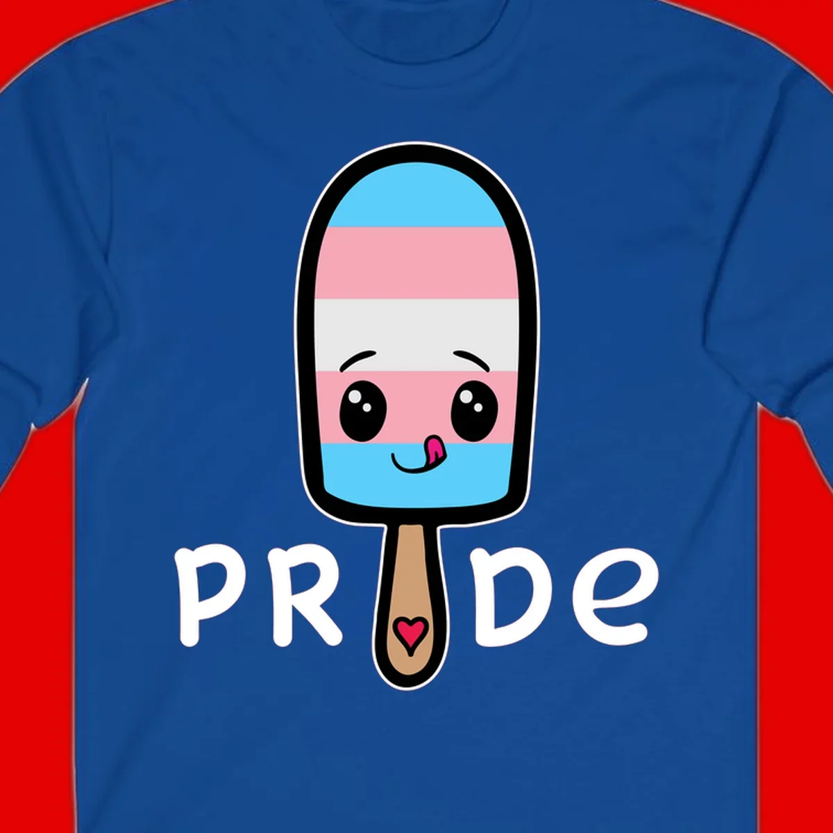 Cute rainbow popsicle with striped design and smiling face, labeled PRIDE with heart on stick