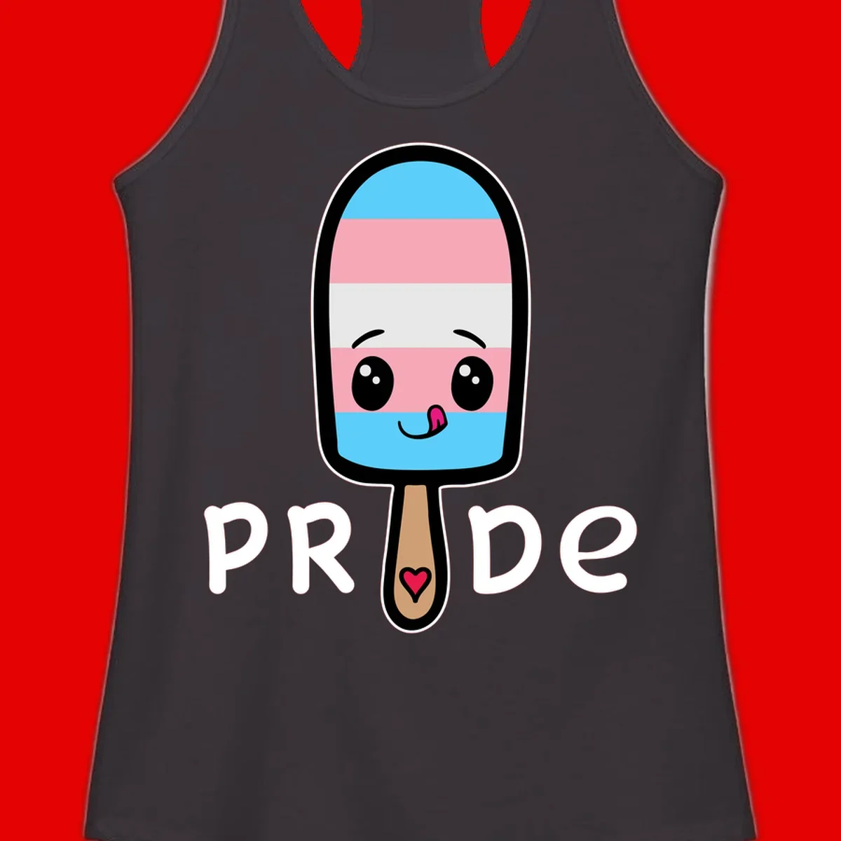 Cute rainbow popsicle with striped design and smiling face, labeled PRIDE with heart on stick