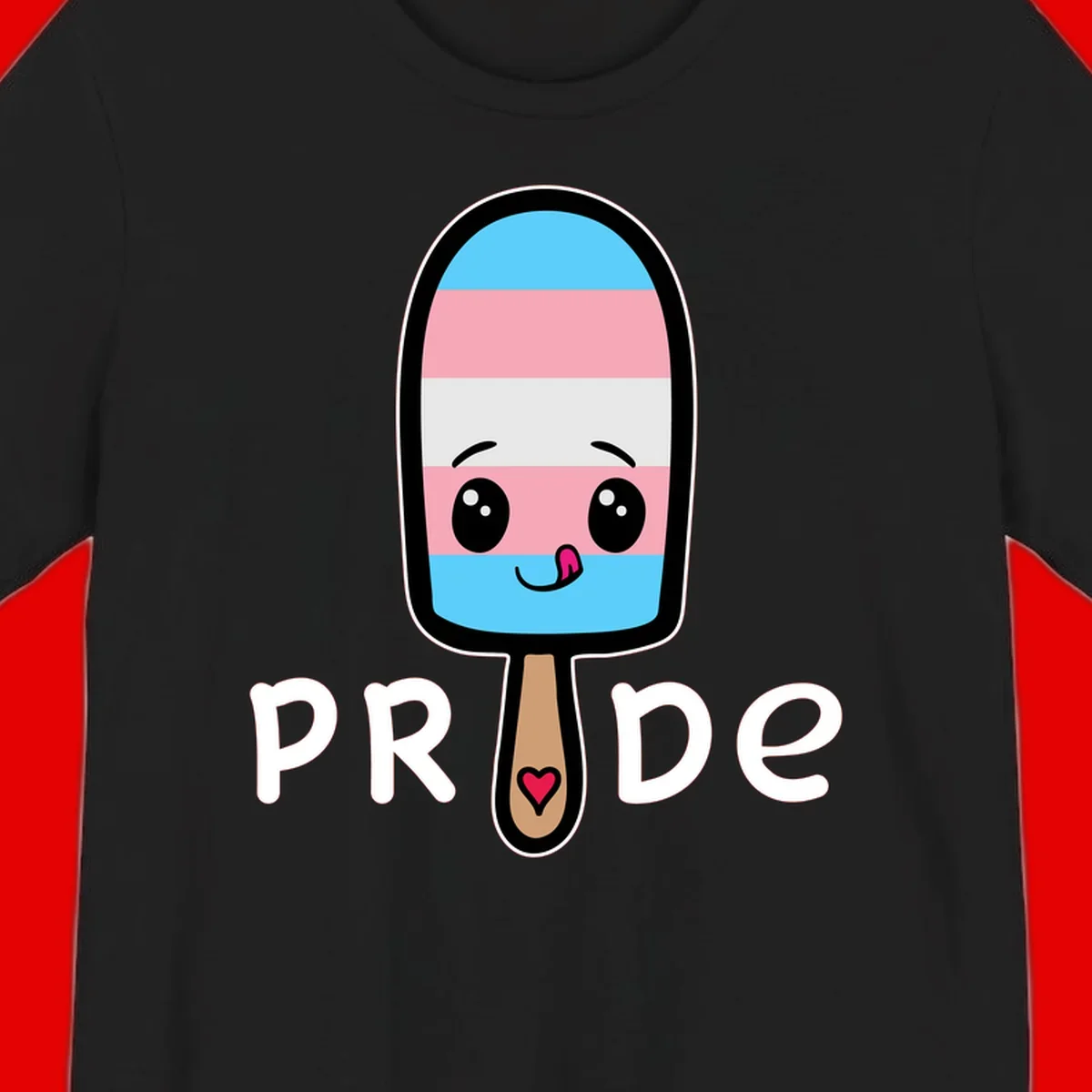 Cute rainbow popsicle with striped design and smiling face, labeled PRIDE with heart on stick