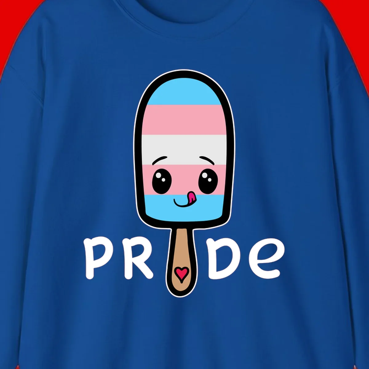 Cute rainbow popsicle with striped design and smiling face, labeled PRIDE with heart on stick