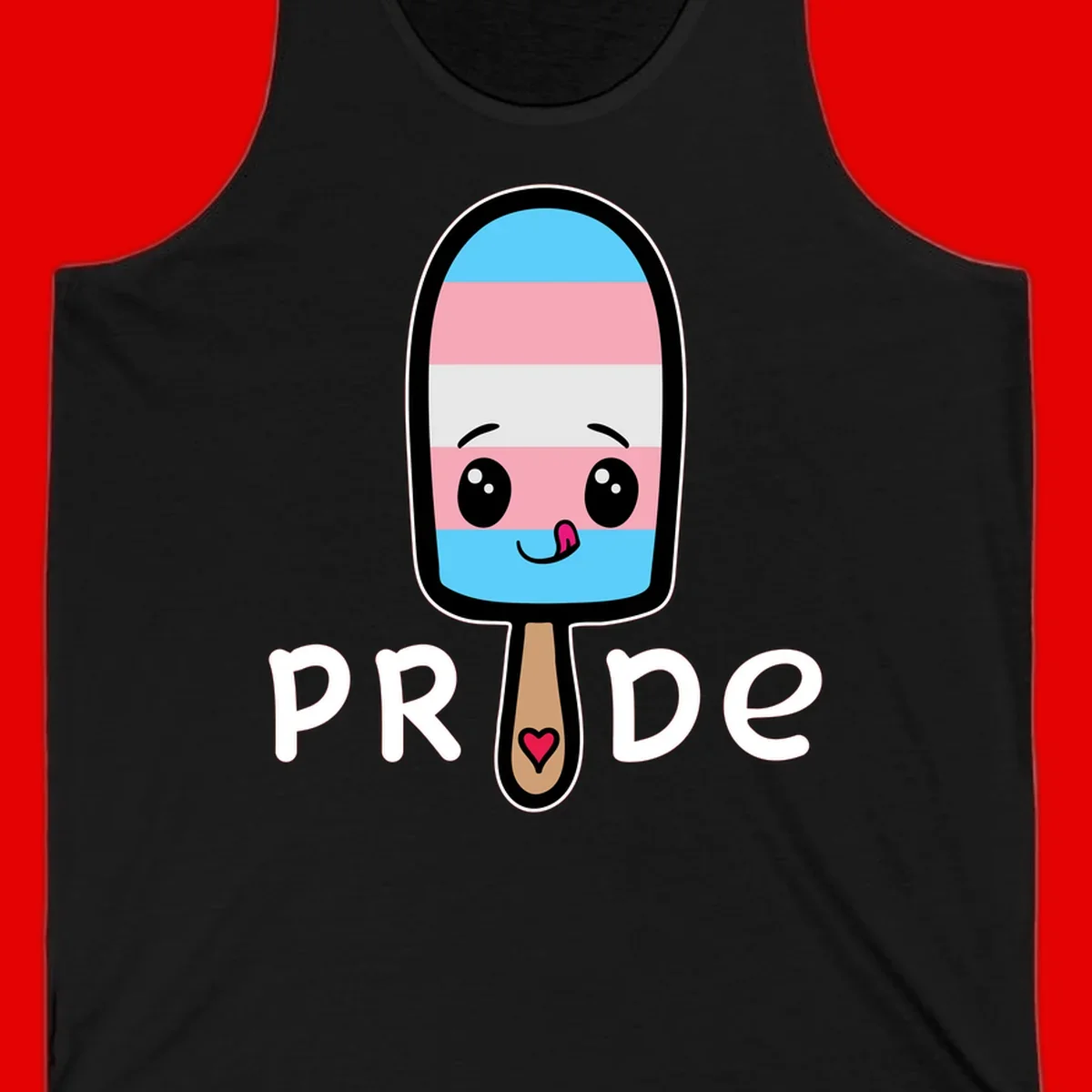 Cute rainbow popsicle with striped design and smiling face, labeled PRIDE with heart on stick