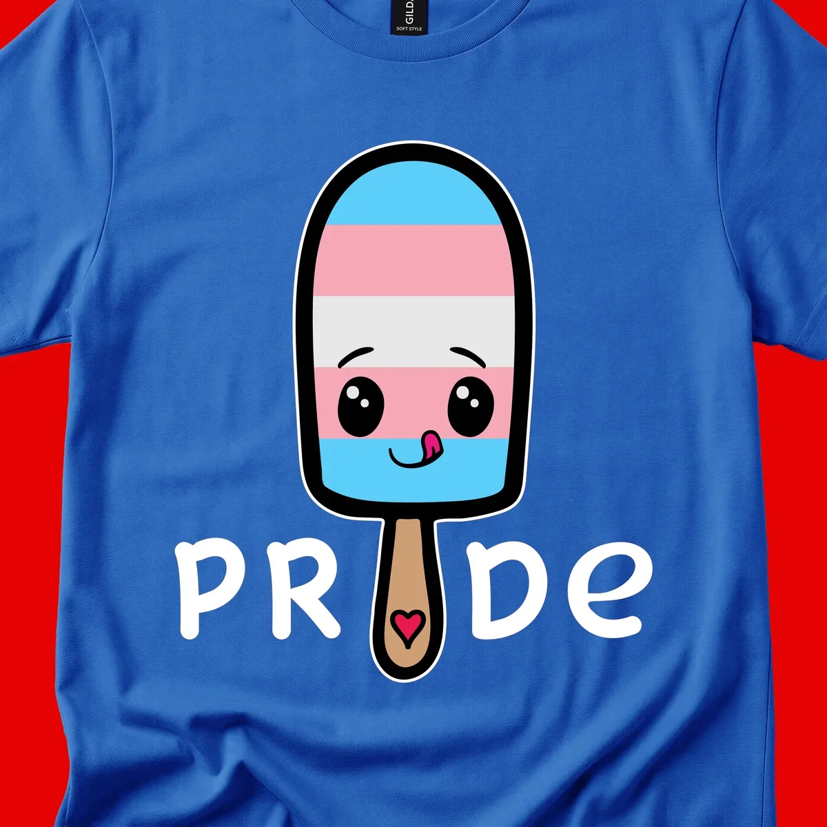 Cute rainbow popsicle with striped design and smiling face, labeled PRIDE with heart on stick