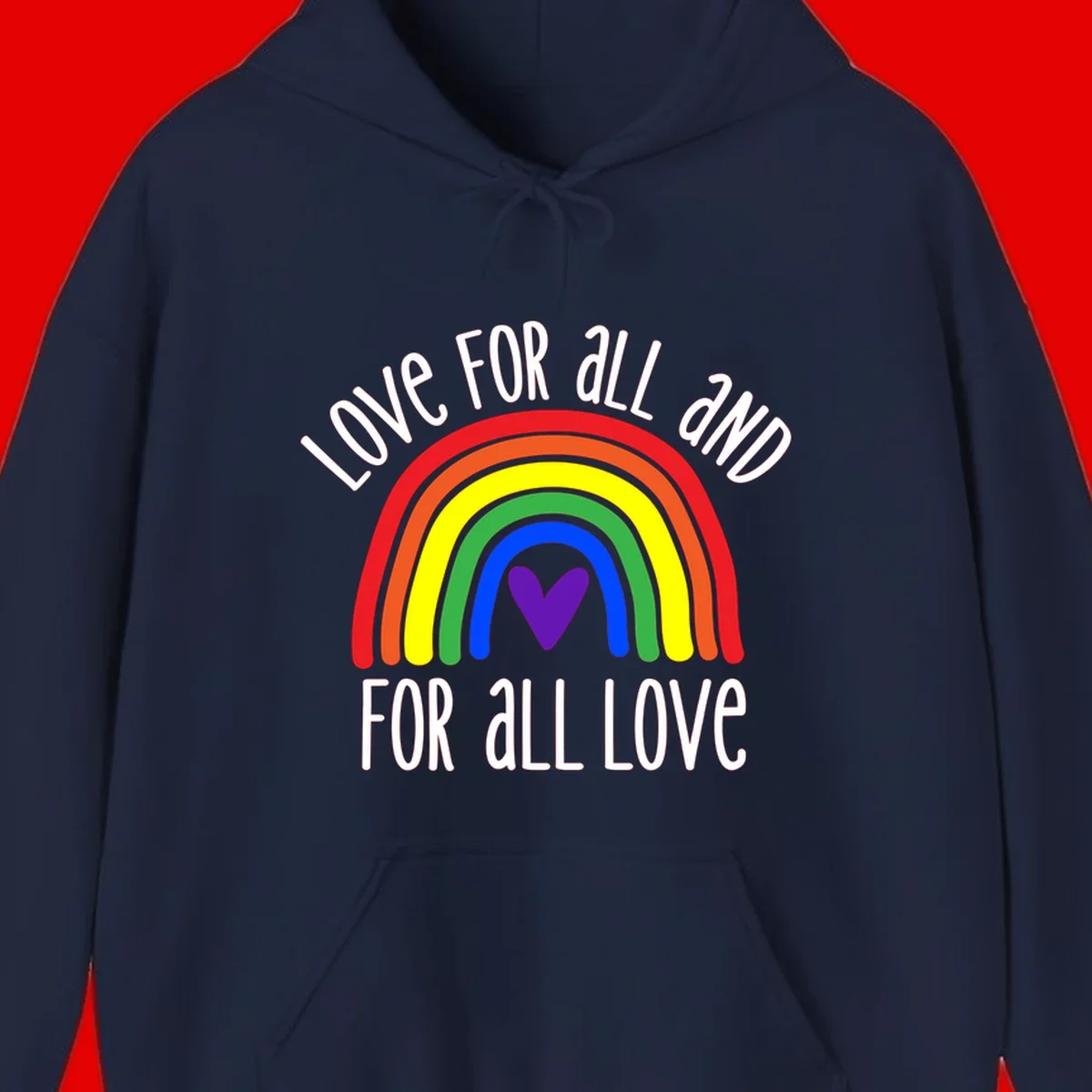 Rainbow with purple heart center and 'Love For All And For All Love' text - pride design
