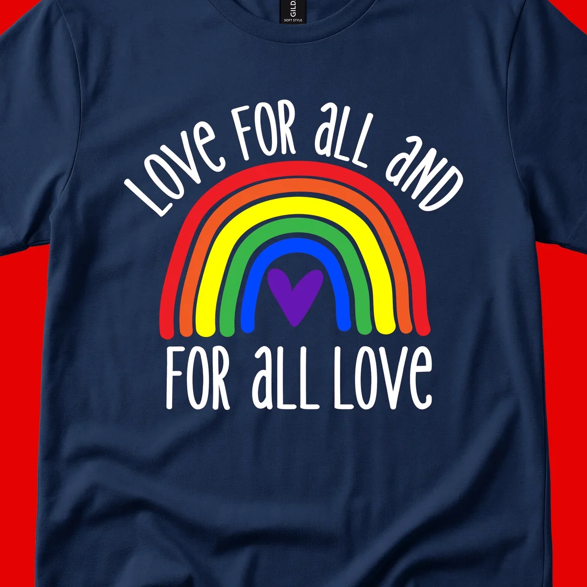 Rainbow with purple heart center and 'Love For All And For All Love' text - pride design