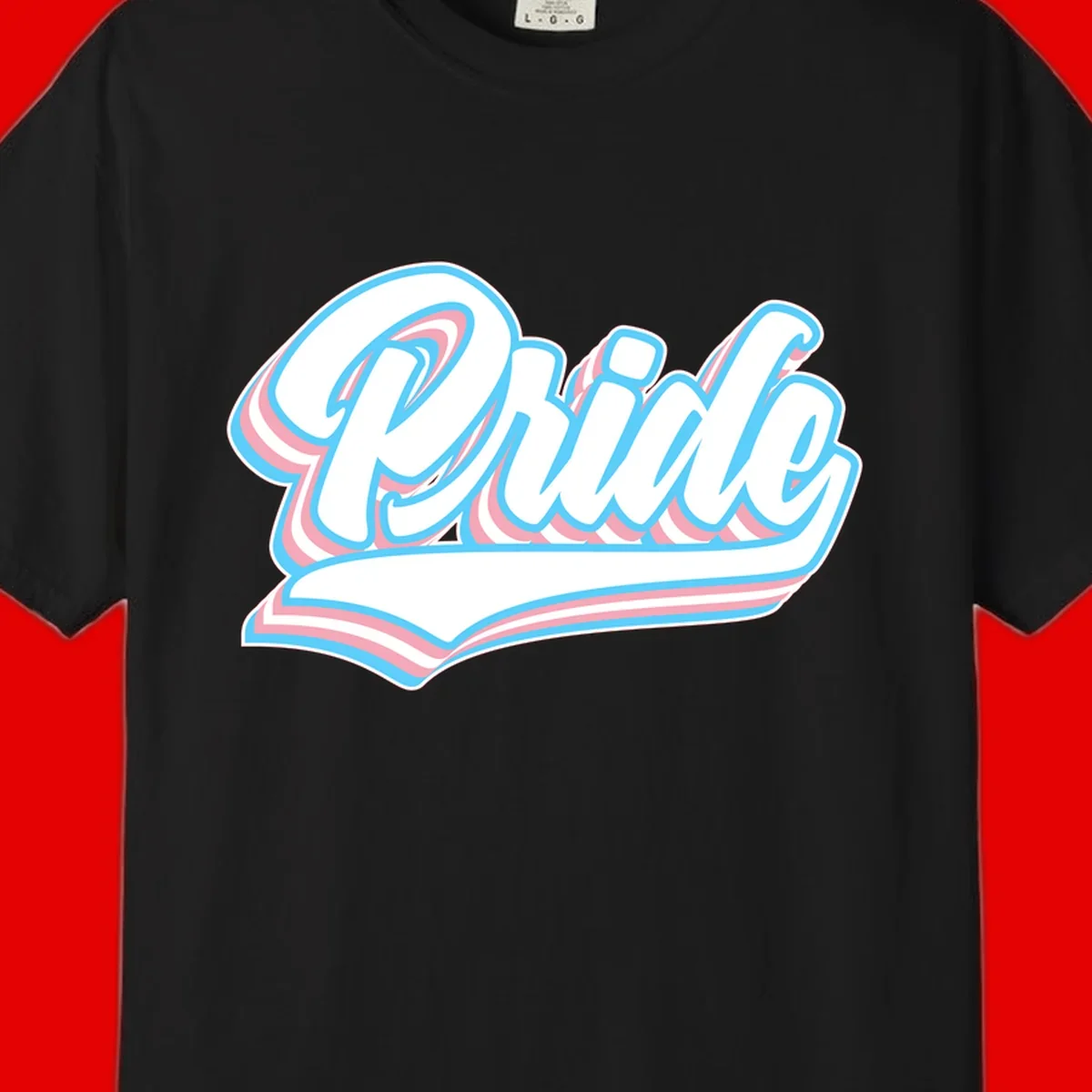 Retro pride wave script design with blue and pink layered lettering and curved banner