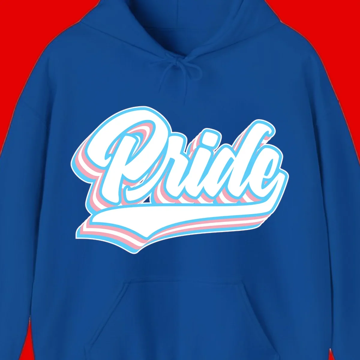 Retro pride wave script design with blue and pink layered lettering and curved banner
