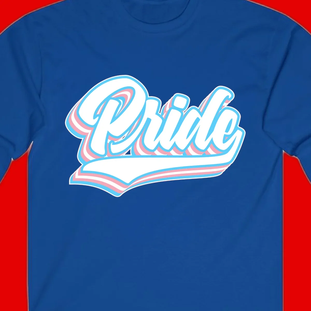 Retro pride wave script design with blue and pink layered lettering and curved banner