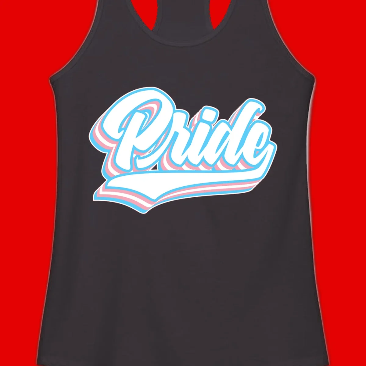 Retro pride wave script design with blue and pink layered lettering and curved banner