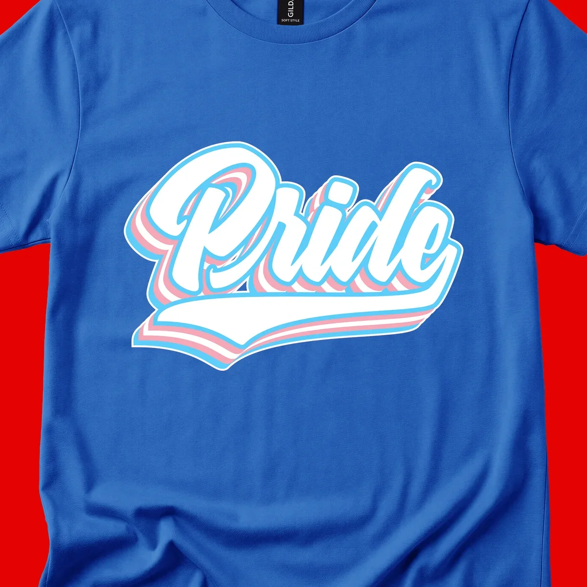Retro pride wave script design with blue and pink layered lettering and curved banner