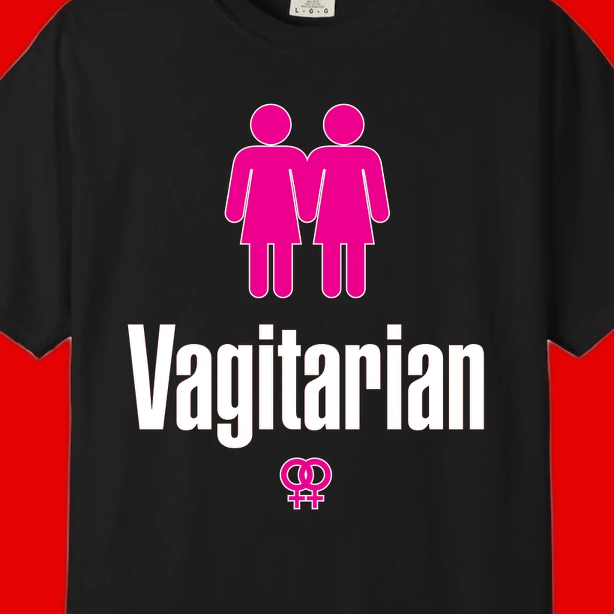 Vagitarian lesbian pride design with two women figures holding hands and interlocking female symbols in magenta and white