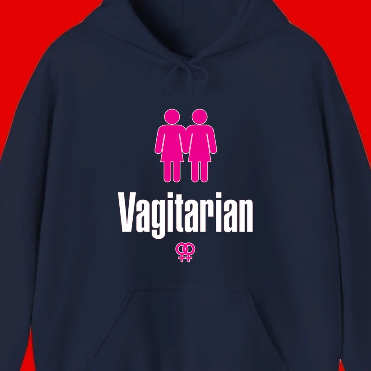 Vagitarian lesbian pride design with two women figures holding hands and interlocking female symbols in magenta and white