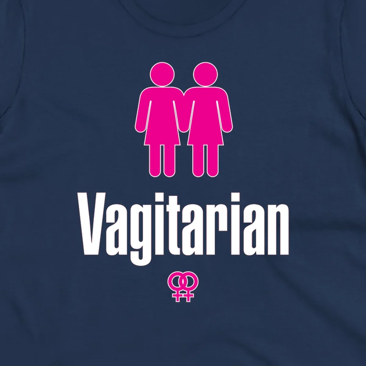 Vagitarian lesbian pride design with two women figures holding hands and interlocking female symbols in magenta and white