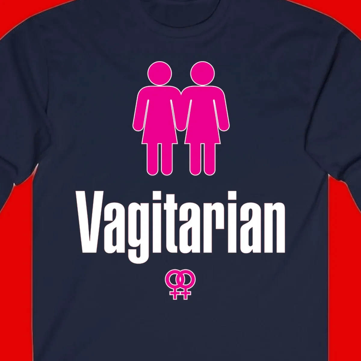 Vagitarian lesbian pride design with two women figures holding hands and interlocking female symbols in magenta and white