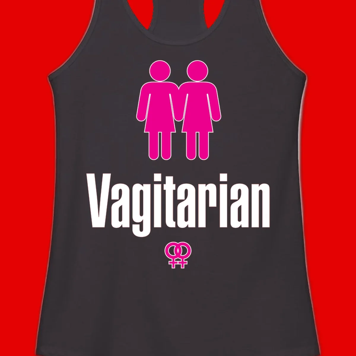 Vagitarian lesbian pride design with two women figures holding hands and interlocking female symbols in magenta and white