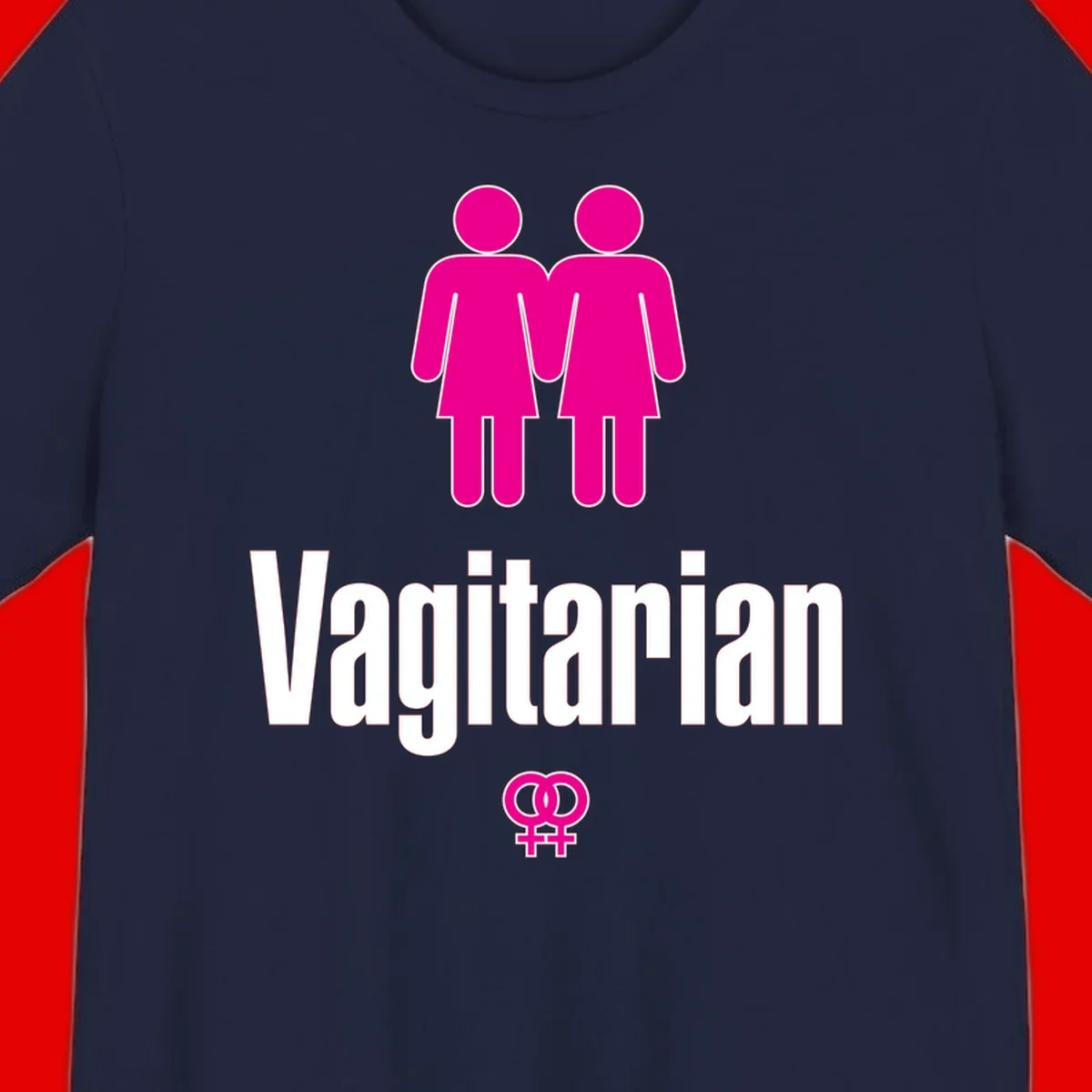 Vagitarian lesbian pride design with two women figures holding hands and interlocking female symbols in magenta and white