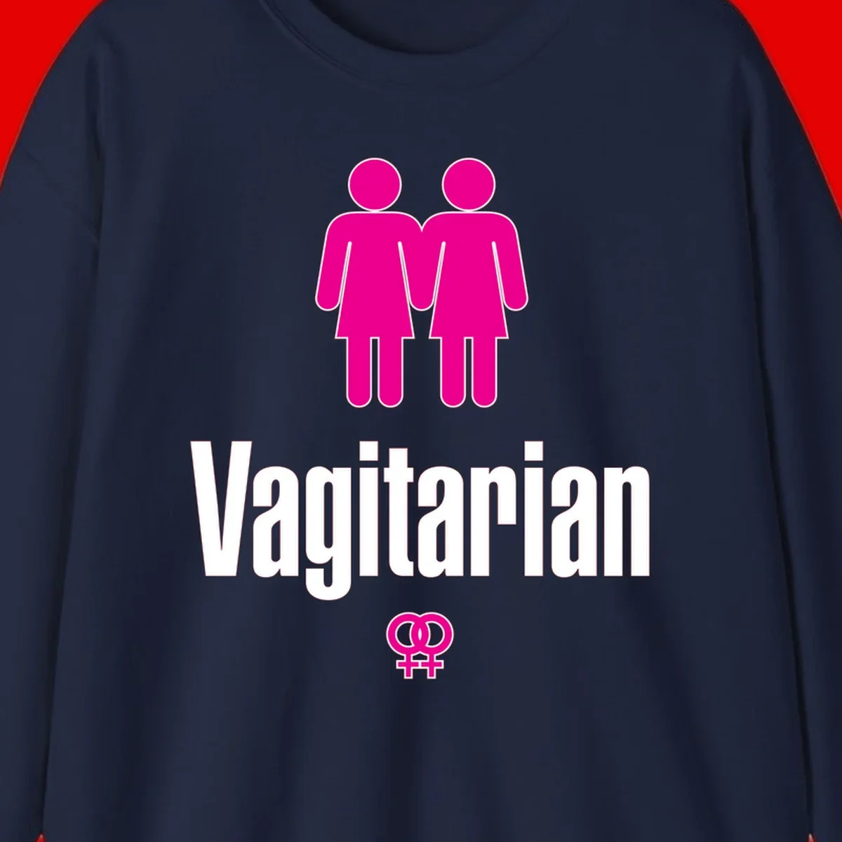Vagitarian lesbian pride design with two women figures holding hands and interlocking female symbols in magenta and white