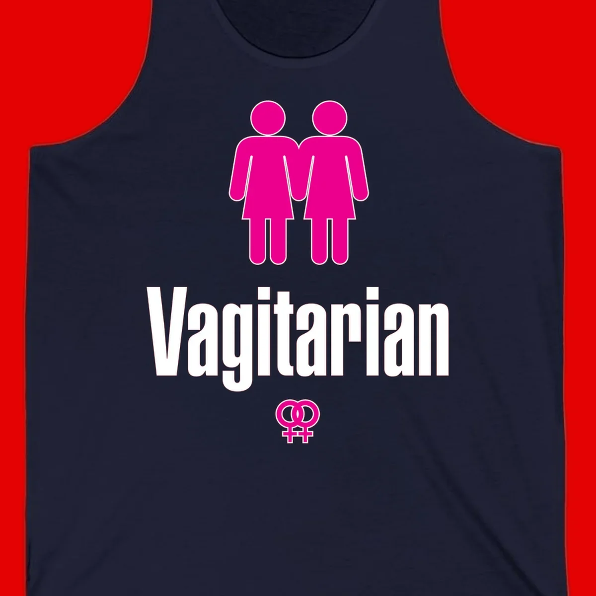 Vagitarian lesbian pride design with two women figures holding hands and interlocking female symbols in magenta and white