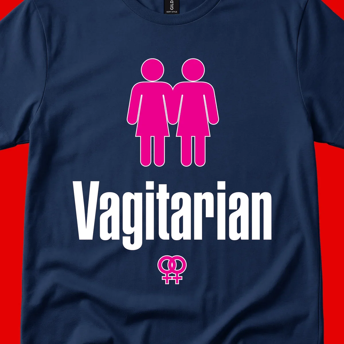 Vagitarian lesbian pride design with two women figures holding hands and interlocking female symbols in magenta and white