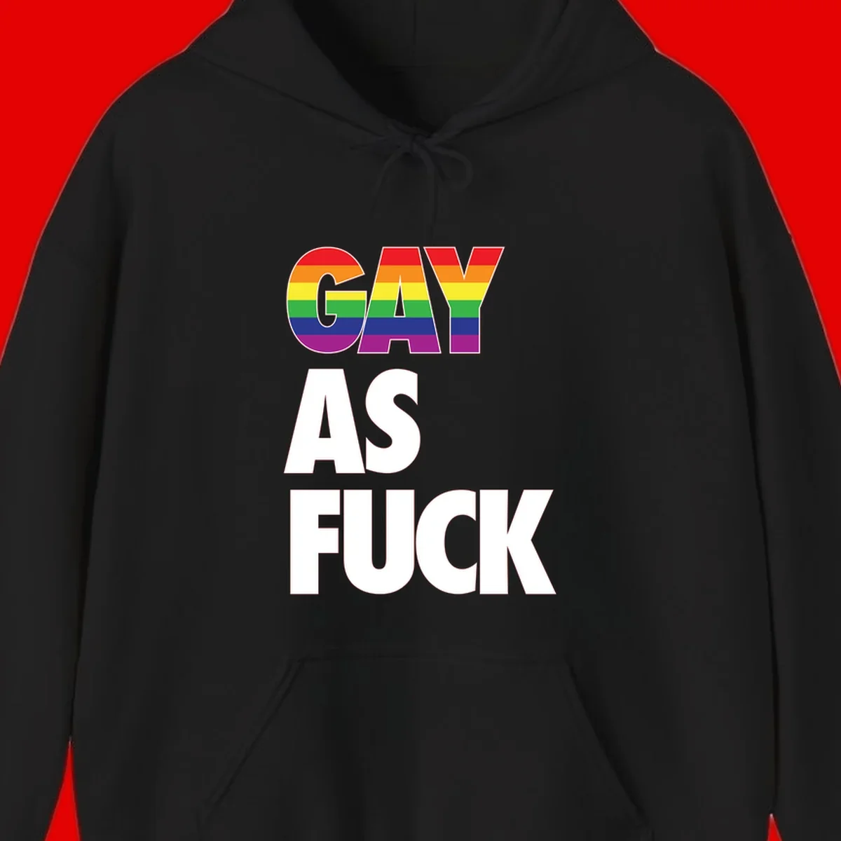 Gay as fuck pride design with rainbow flag colors in bold white letters on gray background